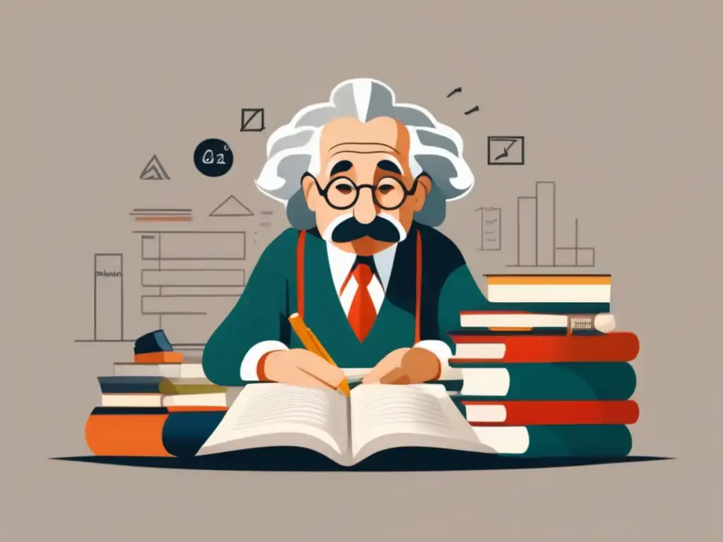 Einstein en su escritorio, símbolo de su dedicación Ilustración moderna de Einstein en su escritorio rodeado de libros y papeles, simbolizando su dedicación al conocimiento