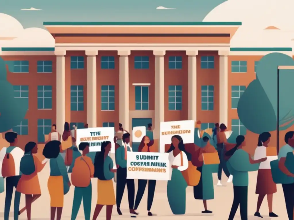 Estudiantes diversos en manifestación pacífica frente a la universidad Ilustración moderna de universidad con estudiantes en manifestación por movimientos estudiantiles en admisiones universitarias