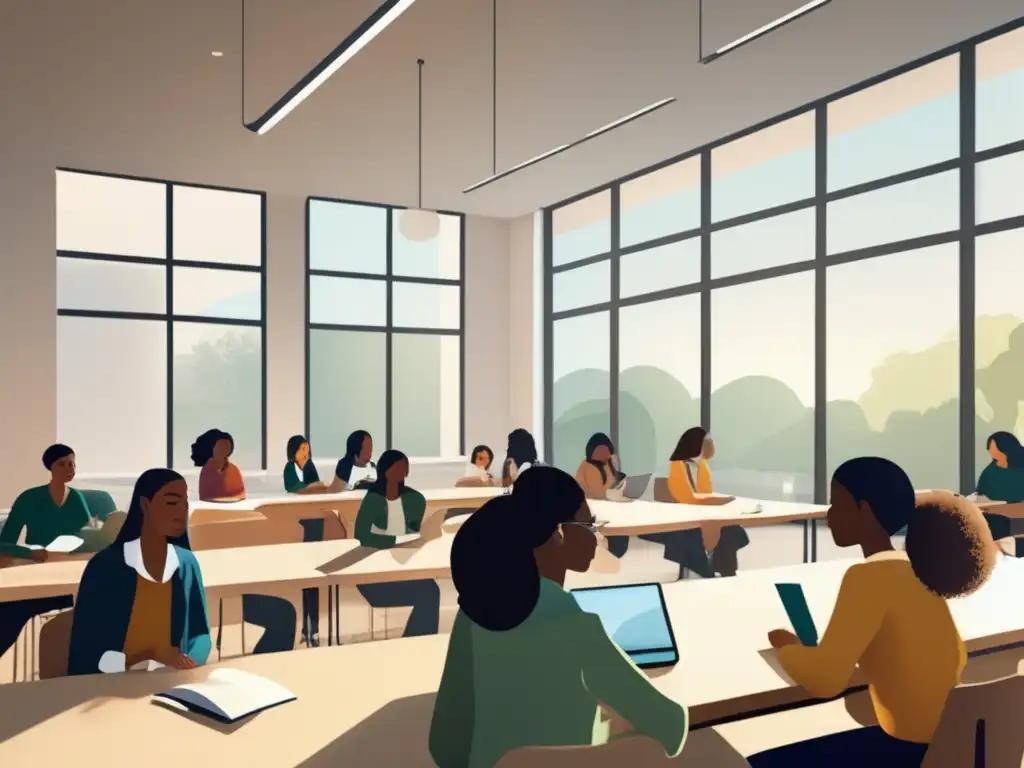 Estudiantes universitarias colaborando Ilustración moderna de estudiantes universitarias en un aula colaborativa, luchando contra la brecha de género en admisiones