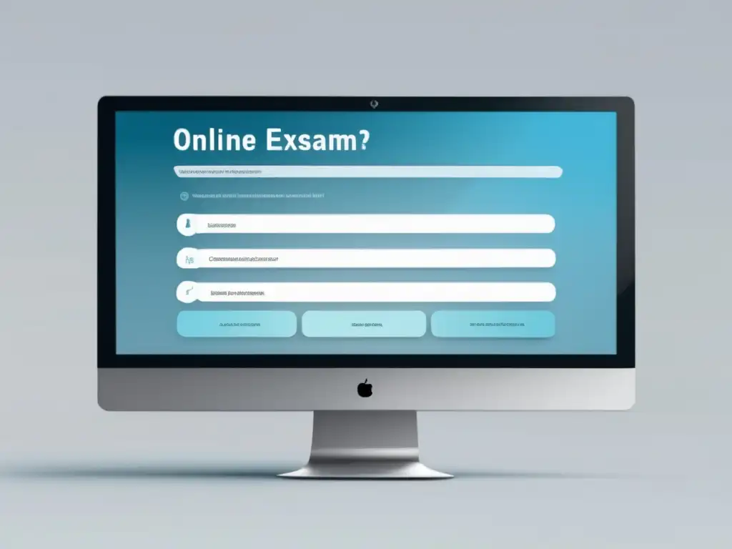 Examen en línea: pantalla moderna y minimalista Moderna imagen representando interfaz de examen en línea con preguntas de opción múltiple y tecnología de IA para exámenes justos