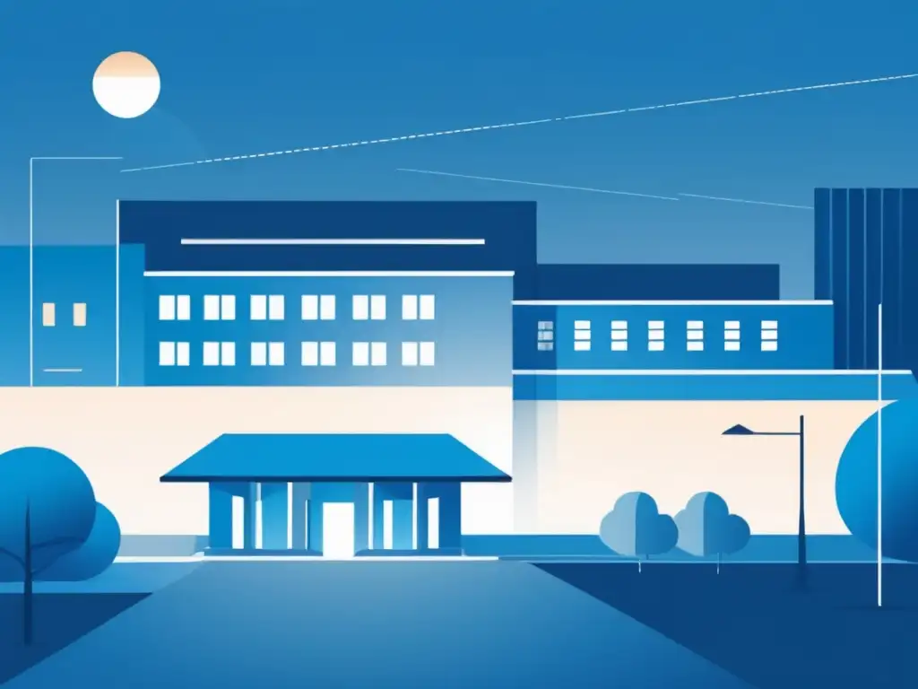 Universidad segura y moderna Ilustración moderna y minimalista de campus universitario al anochecer, con privacidad y protección de datos