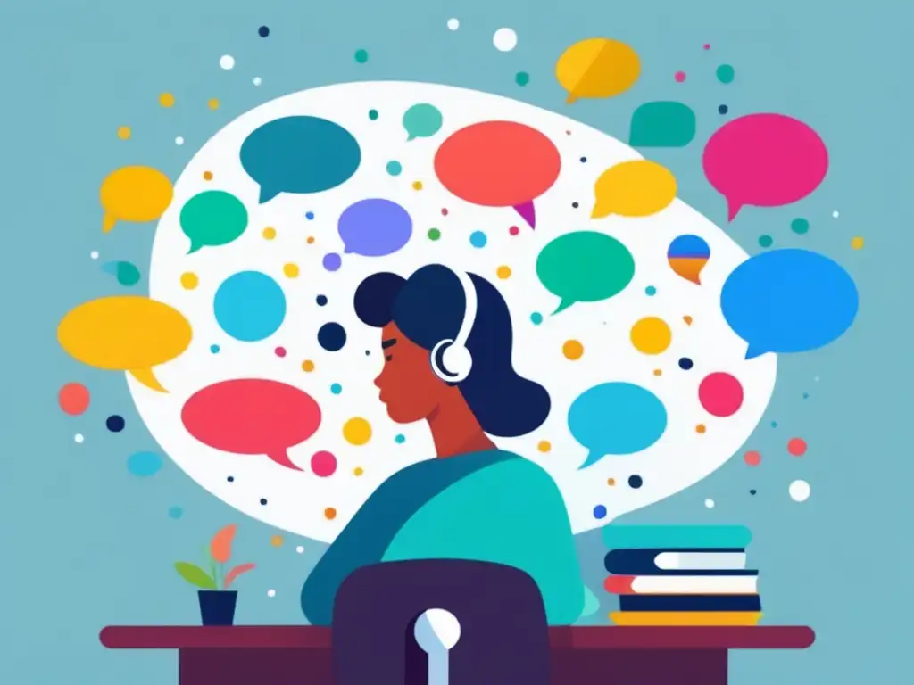 Persona analizando opiniones y feedback Ilustración moderna y minimalista: persona pensativa rodeada de burbujas de opinión coloridas, símbolos y iconos diversos