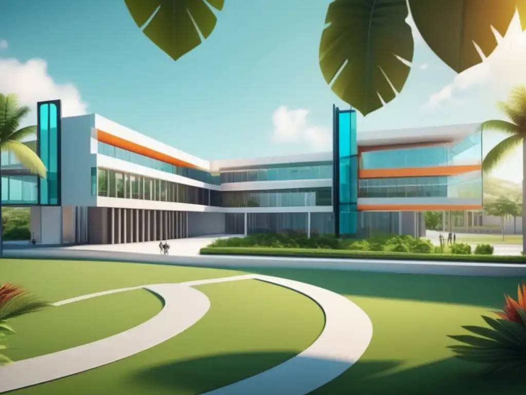 Campus universitario en paisaje caribeño Universidad caribeña, arquitectura moderna, paisaje tropical, excelencia académica, estrategias entrevistas