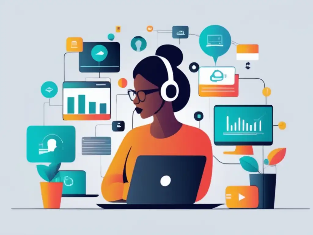 Riesgos de privacidad en la era digital Ilustración moderna de persona rodeada de dispositivos digitales y flujos de datos