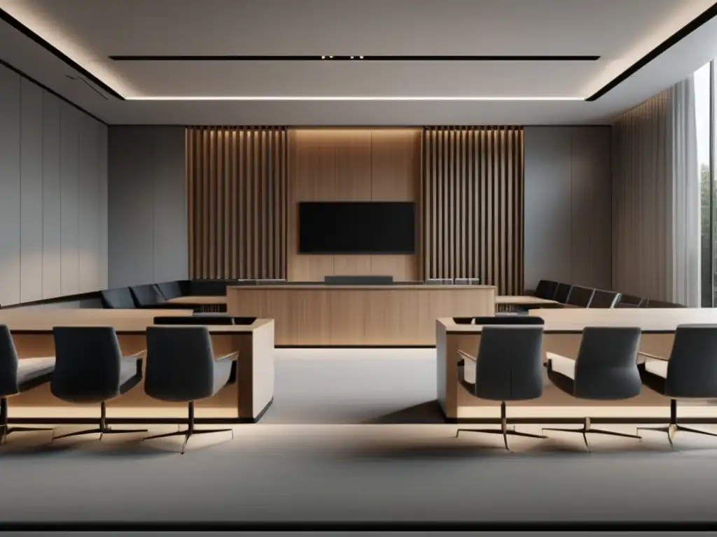 Sala de tribunal moderna y minimalista Moderna sala de tribunal minimalista, luz natural, diseño elegante, banco del juez elevado, audiencia cómoda, profesionalidad