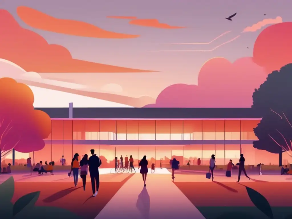 Campus universitario moderno al atardecer Ilustración moderna de una universidad al atardecer con estudiantes diversos