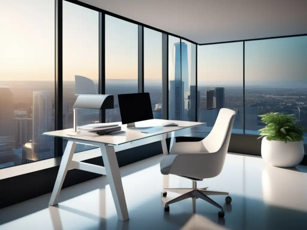Espacio de trabajo minimalista con vista a la ciudad Moderno espacio de trabajo minimalista con vista a la ciudad y elementos STEM