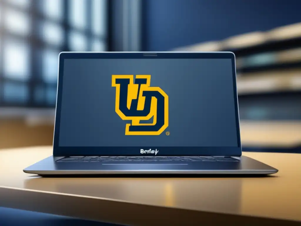 Laptop moderno con logo de UC Berkeley Guía completa admisión Universidad Berkeley: laptop moderno con logo en pantalla, en un escritorio minimalista