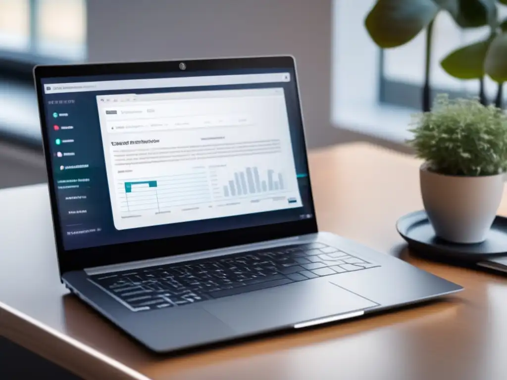 Protección de datos en universidades: tecnología sofisticada y seguridad Protección datos universidades, laptop moderno en mesa minimalista con red de datos y algoritmos de encriptación
