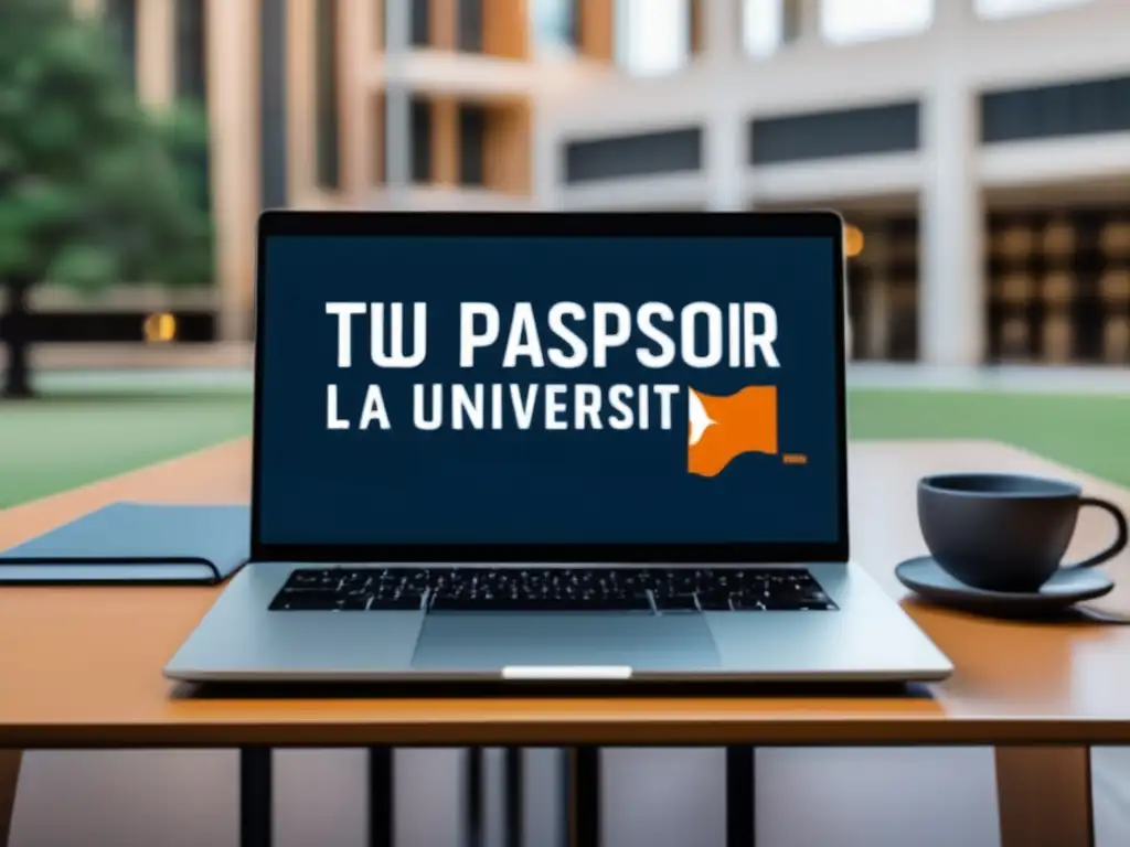 Portada UT Austin: Guía de admisión Guía completa admisión universidad Texas: laptop moderno con portal de admisión de la Universidad de Texas en Austin, estilo minimalista