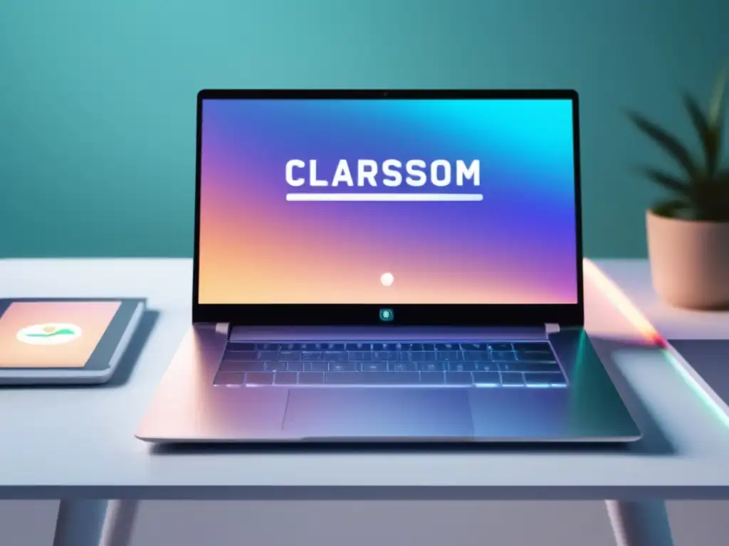 Laptop moderno en escritorio blanco Preparación para el MOOC en línea - Laptop moderna en un escritorio blanco con una pantalla virtual de aula y herramientas de aprendizaje online