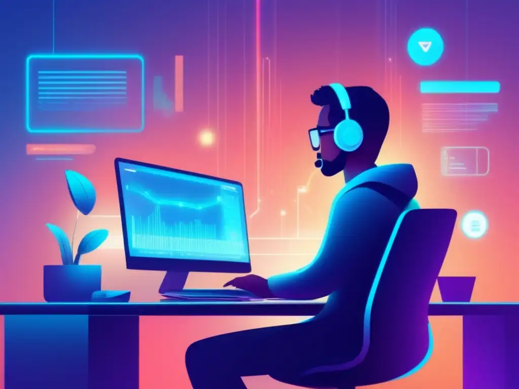 Trabajador concentrado en ambiente virtual Preparación para el MOOC en línea: persona en entorno virtual futurista, trabajo en computadora con gadgets y datos