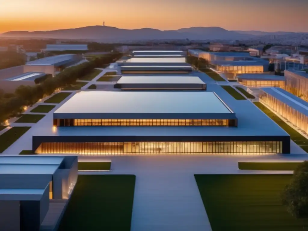 Universidad al atardecer Moratoria préstamos estudiantiles: Campus universitario moderno y vibrante al atardecer