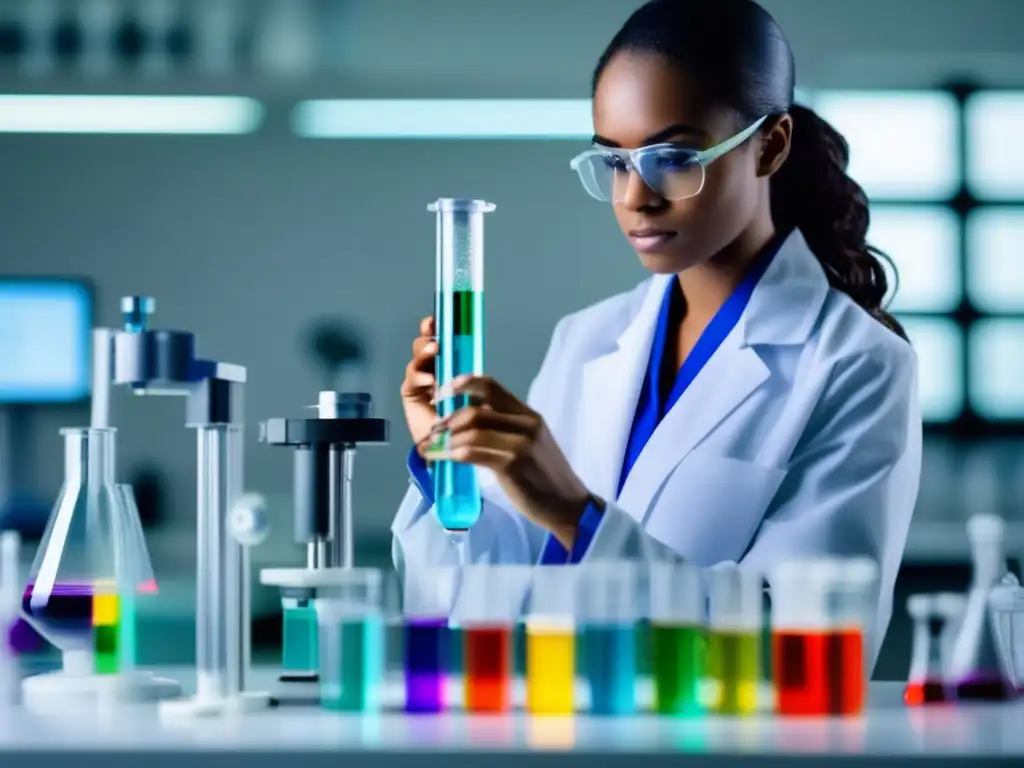 Científica examinando líquido en laboratorio Mujer científica en laboratorio con equipos modernos y líquido colorido en tubo de ensayo