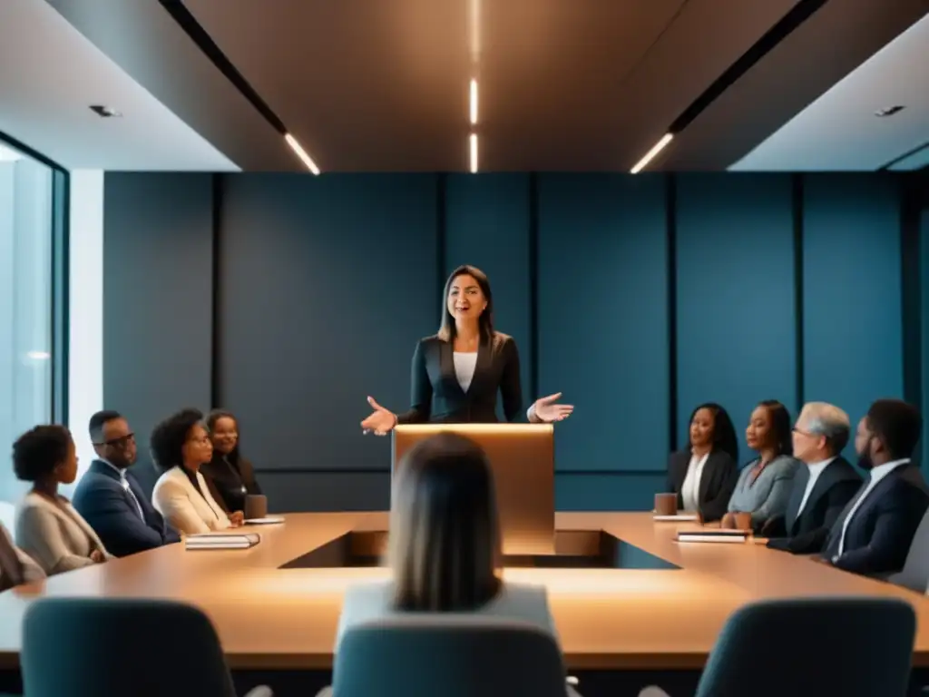 Profesional dando presentación Mujer profesional dando una presentación segura y motivadora en una sala de conferencias moderna