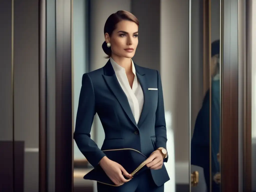 Mujer profesional con traje impecable Mujer profesional con traje elegante frente a un espejo - Vestimenta adecuada entrevista admisión