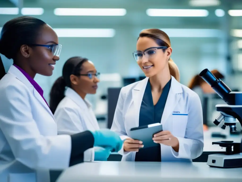 Mujeres científicas colaborando en un laboratorio moderno Mujeres científicas en laboratorio con tecnología avanzada - Becas para mujeres científicas universitarias