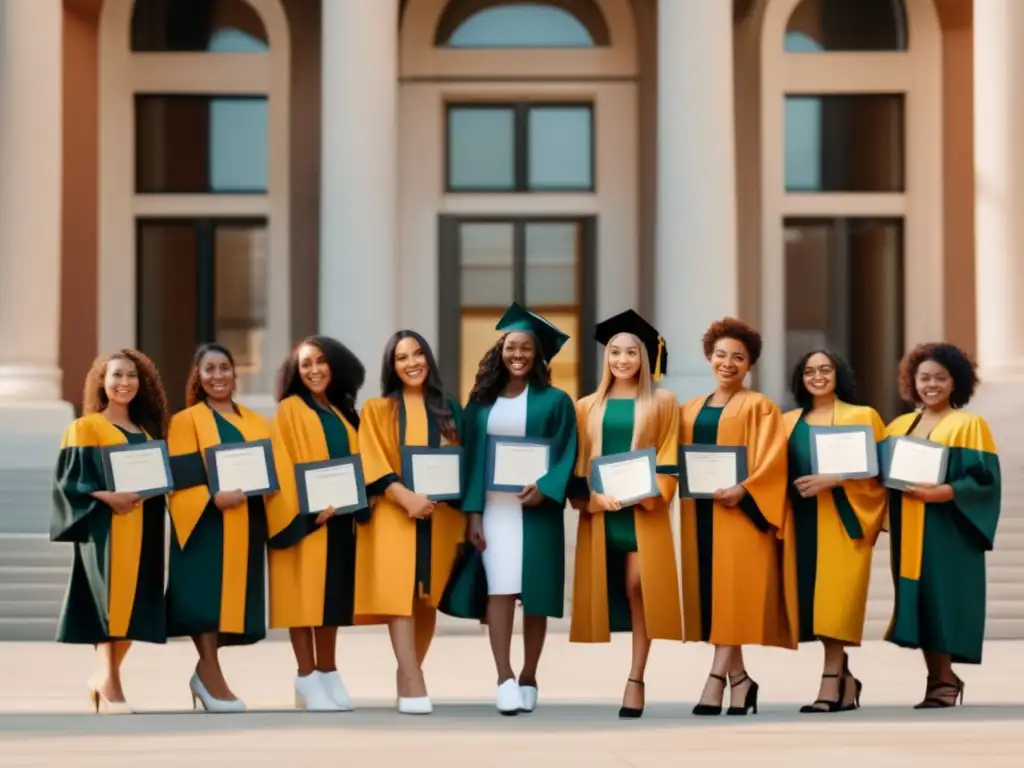 Mujeres graduadas en frente de la universidad Mujeres universitarias empoderadas con diplomas: Acciones afirmativas para mujeres universitarias