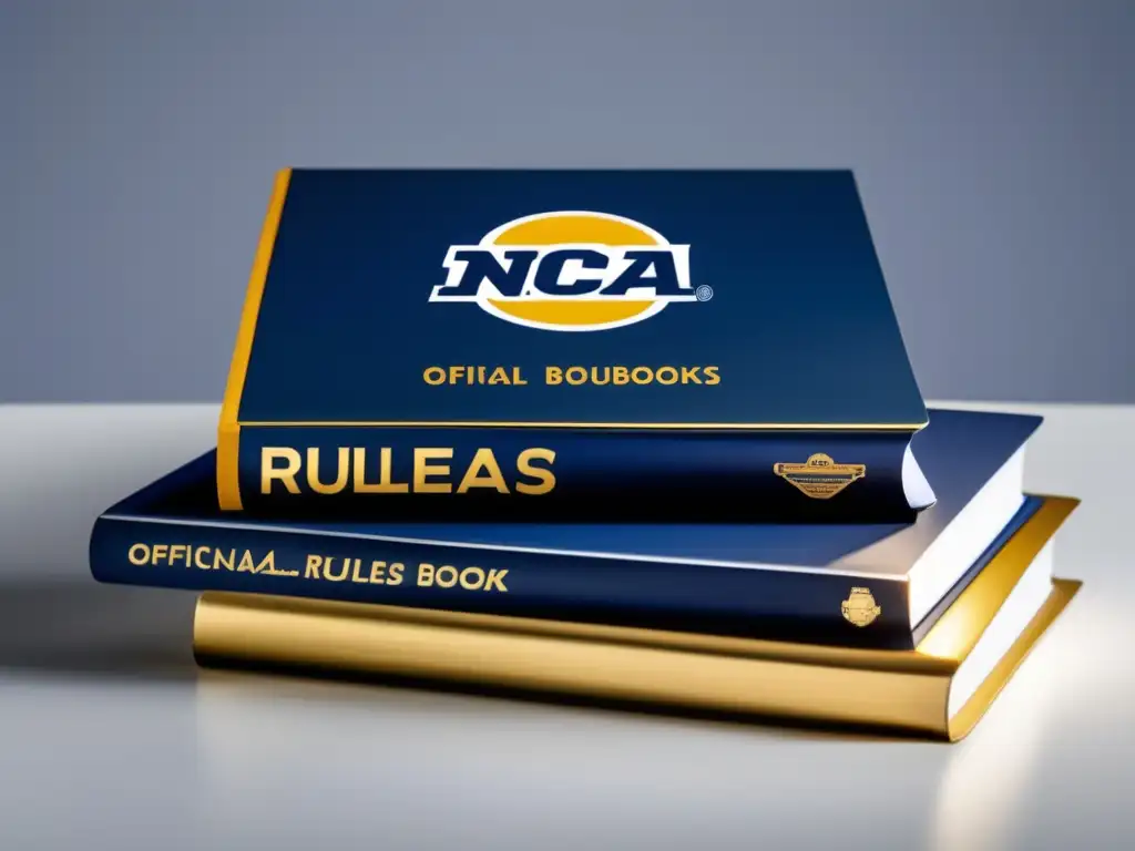 Reglamentos NCAA: autoridad y profesionalismo Normativas NCAA admisiones universitarias - Pila de libros de reglas oficiales NCAA en mesa blanca