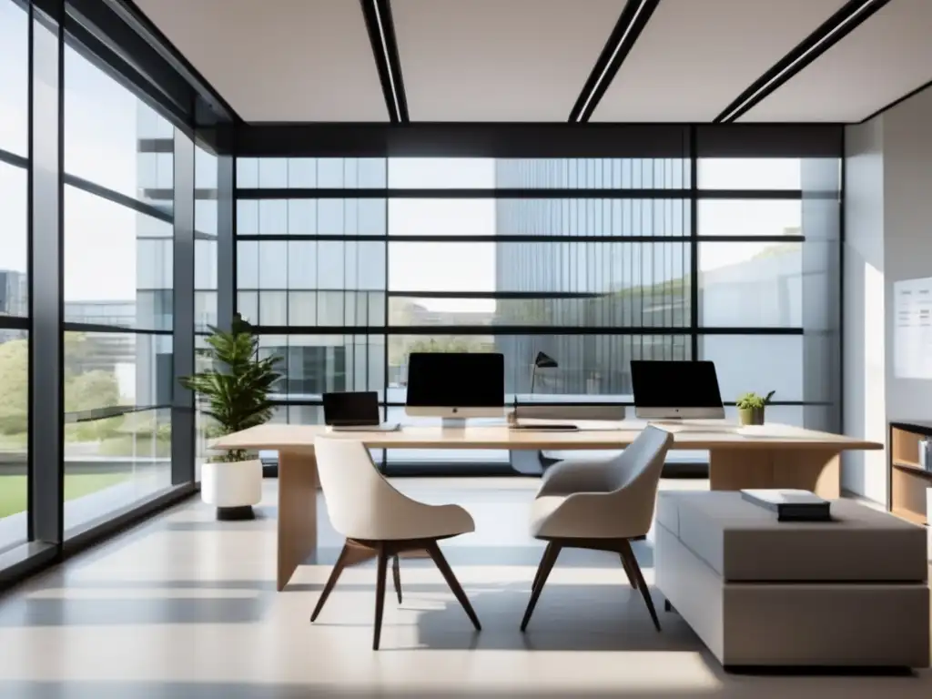 Oficina de admisiones universitarias moderna y eficiente Oficina de admisiones universitarias moderna y eficiente con ventanas de piso a techo, diseño minimalista y tonos neutros