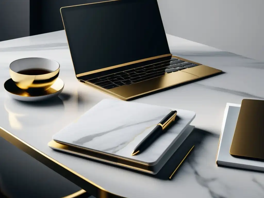 Escritorio minimalista de mármol blanco con laptop y accesorios Oficina minimalista con escritorio de mármol blanco y laptop, competencias de liderazgo universidades top