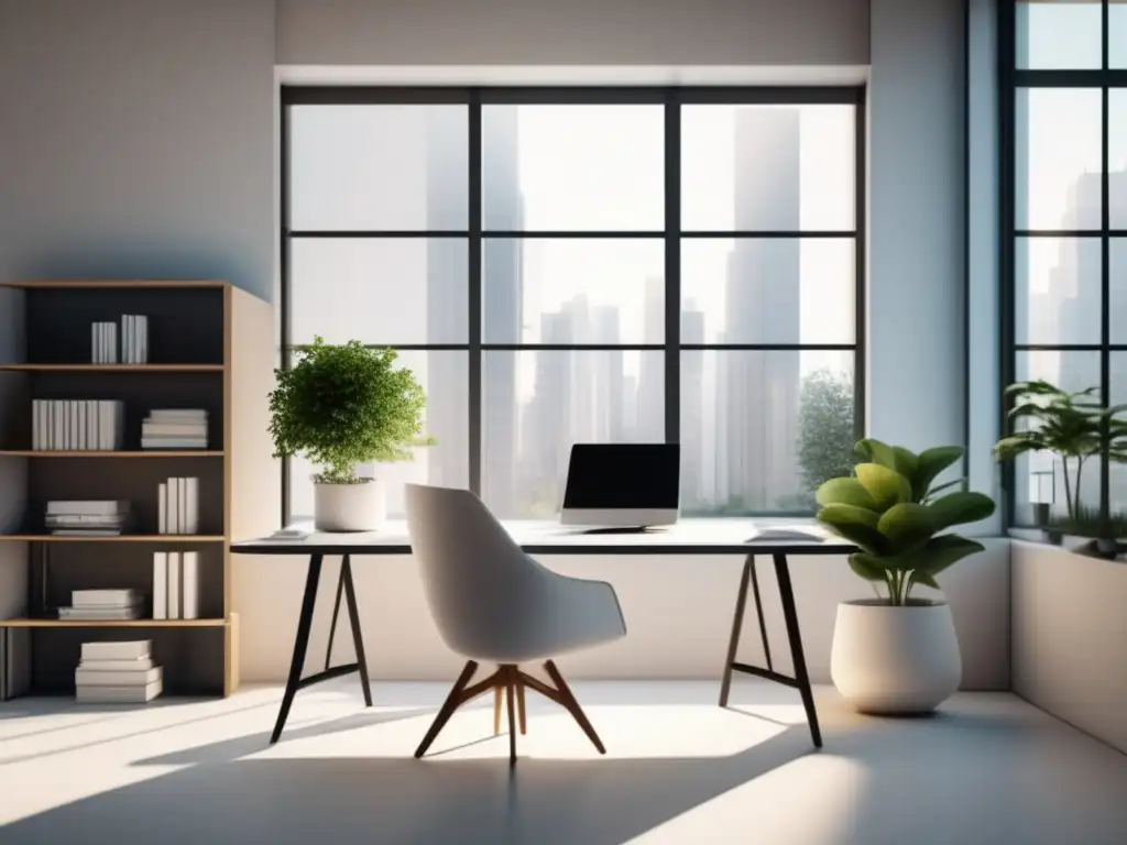 Oficina minimalista y tranquila Oficina minimalista con escritorio blanco, planta y libros sobre estrés