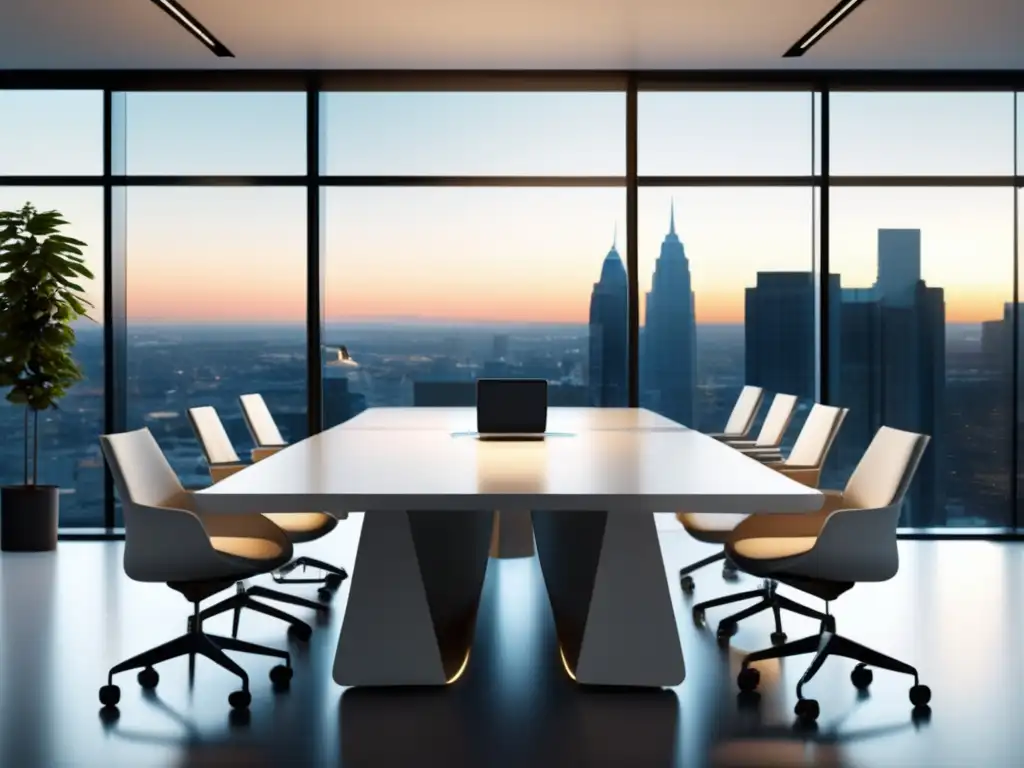 Moderno y elegante espacio de oficina Oficina minimalista con mesa de conferencia blanca rodeada de sillas ergonómicas, iluminada por luz natural y decorada con motivación y arte
