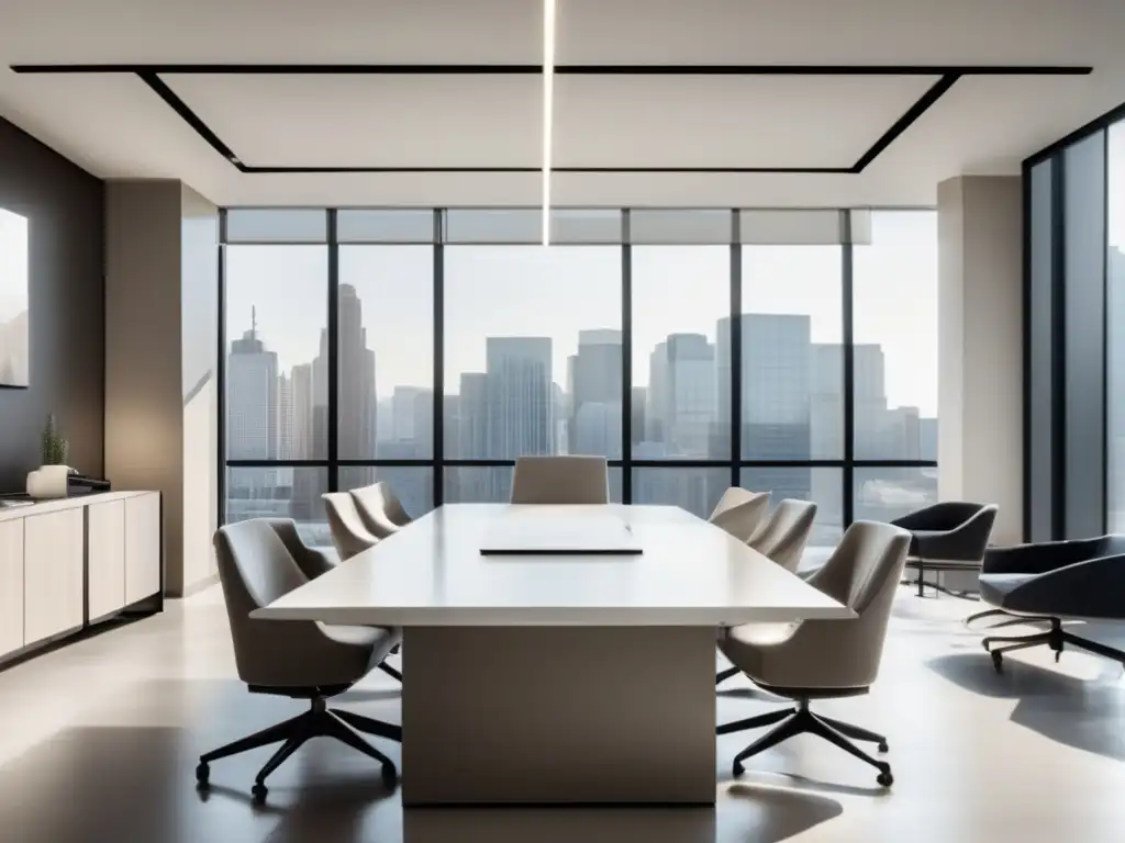 Oficina moderna con muebles elegantes y luz natural Oficina minimalista con mobiliario elegante y ambiente profesional: Importancia de las entrevistas personales
