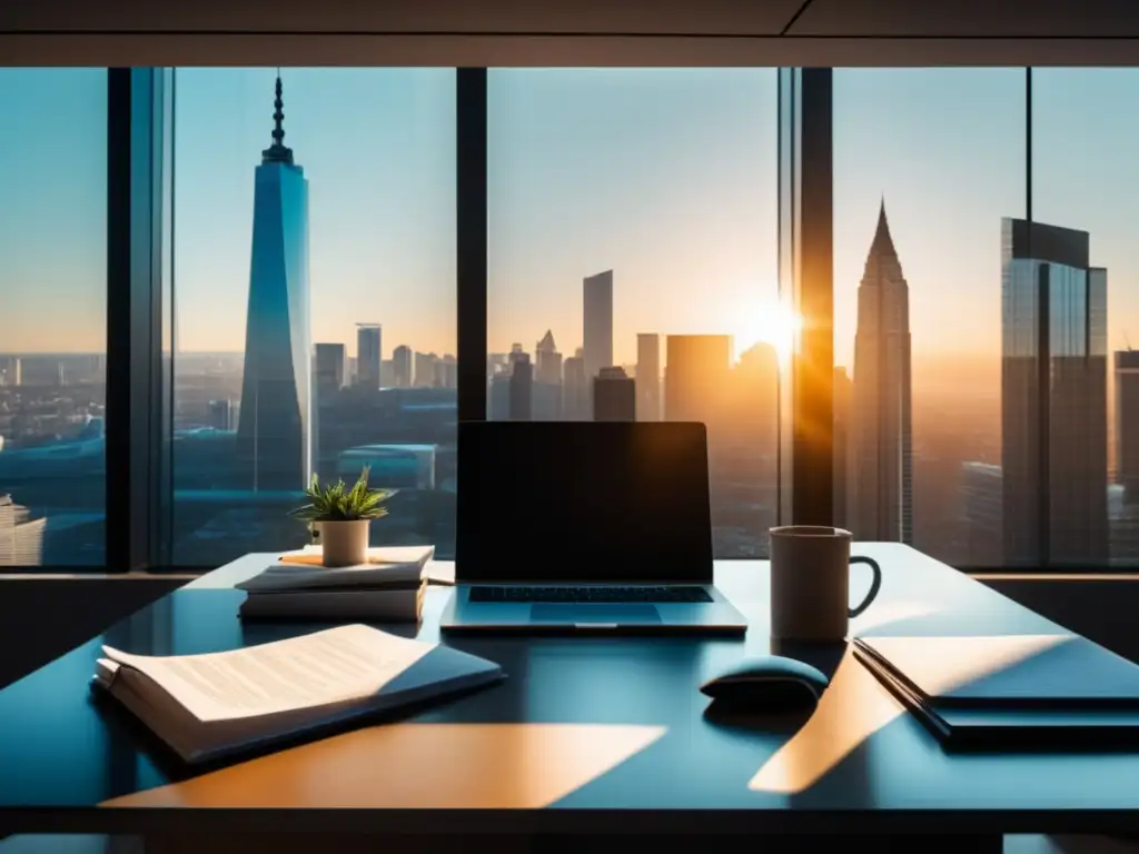 Oficina moderna con vista a la ciudad y escritorio organizado Oficina minimalista con ventana y vista a la ciudad, escritorio organizado con laptop, notas y