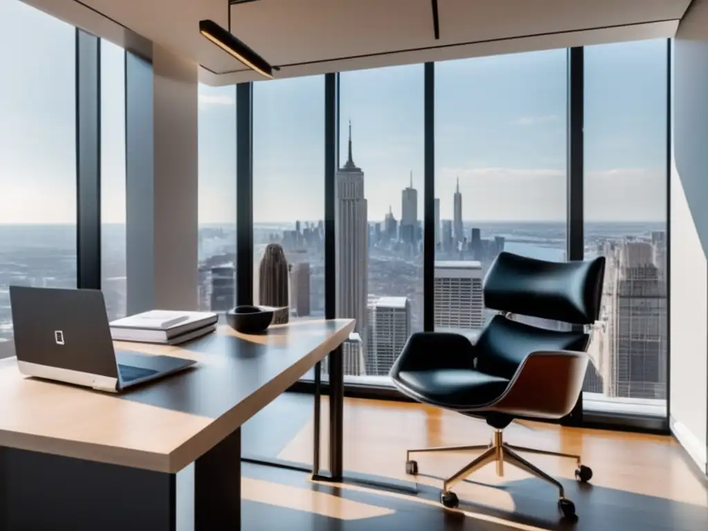 Elegante oficina con vista a la ciudad Oficina minimalista con vista a la ciudad para abogado especializado en admisiones universitarias