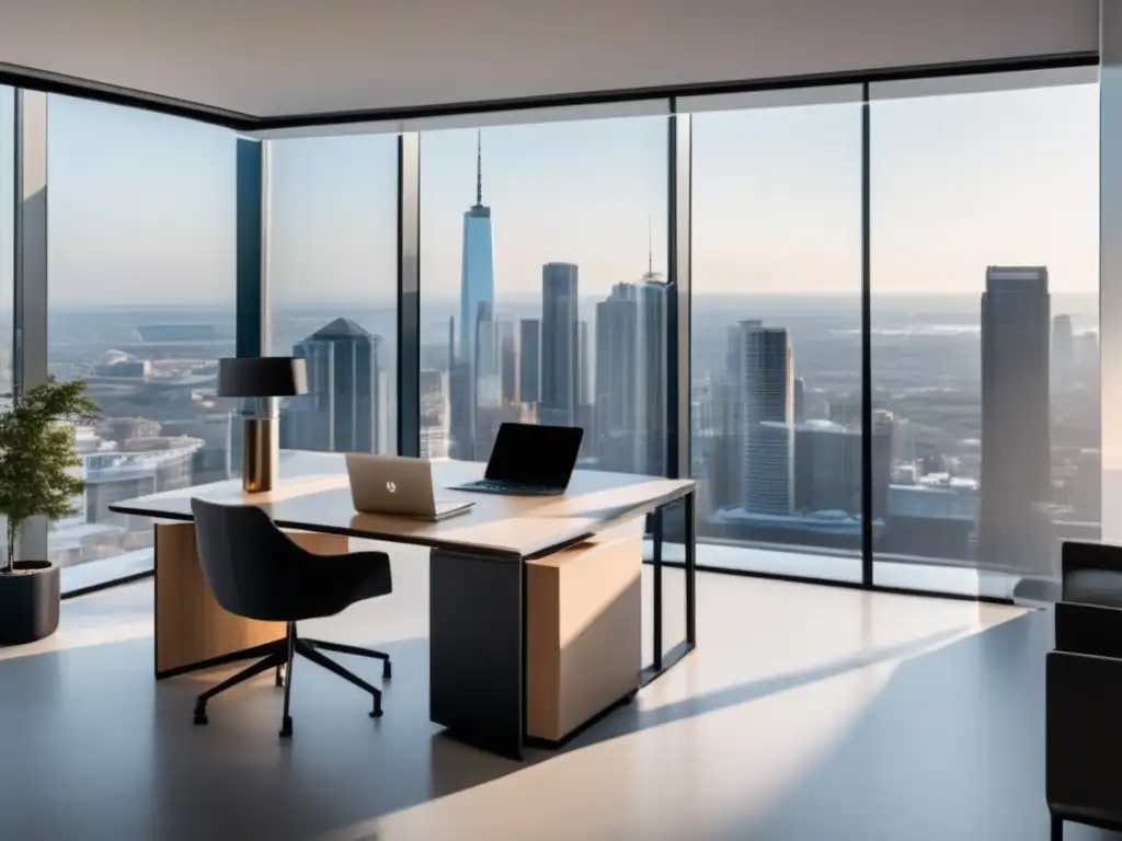Espacio de oficina minimalista con vista a la ciudad Oficina minimalista con vista a la ciudad, luz natural, escritorio organizado con laptop, notas y café
