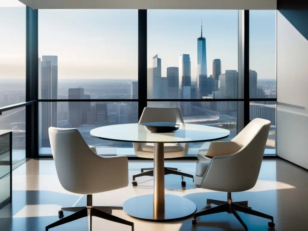 Oficina minimalista con vista impresionante Oficina minimalista con vista a la ciudad, mobiliario moderno, reunión colaborativa