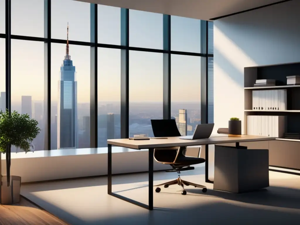 Oficina moderna con vista a la ciudad Oficina minimalista con vista a la ciudad y estrategias para destacar en admisiones universitarias