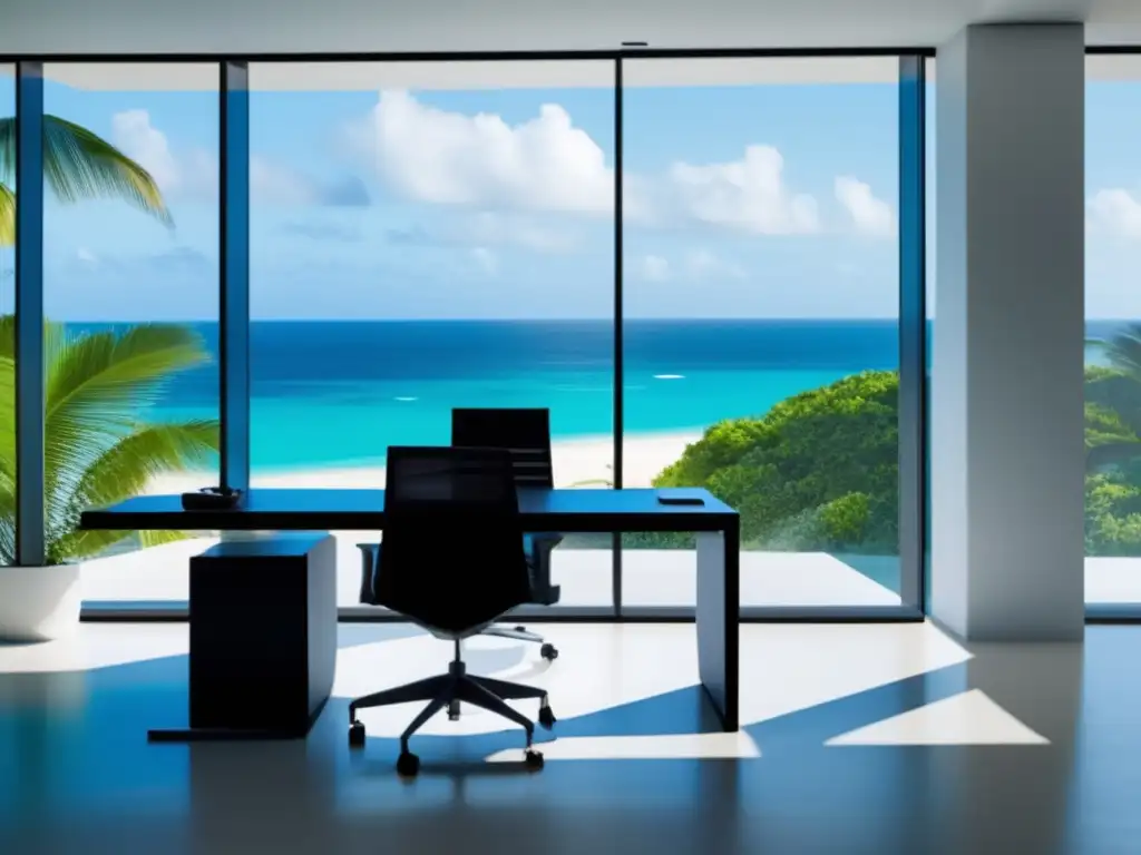 Oficina moderna con vista al Caribe Oficina minimalista con vista panorámica al Caribe, estrategias para entrevistas en universidades caribeñas