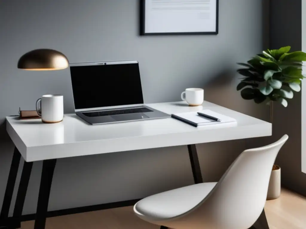 Escritorio minimalista y moderno con ambiente profesional Oficina moderna con escritorio minimalista y elementos de trabajo para estrategias en entrevistas de admisión