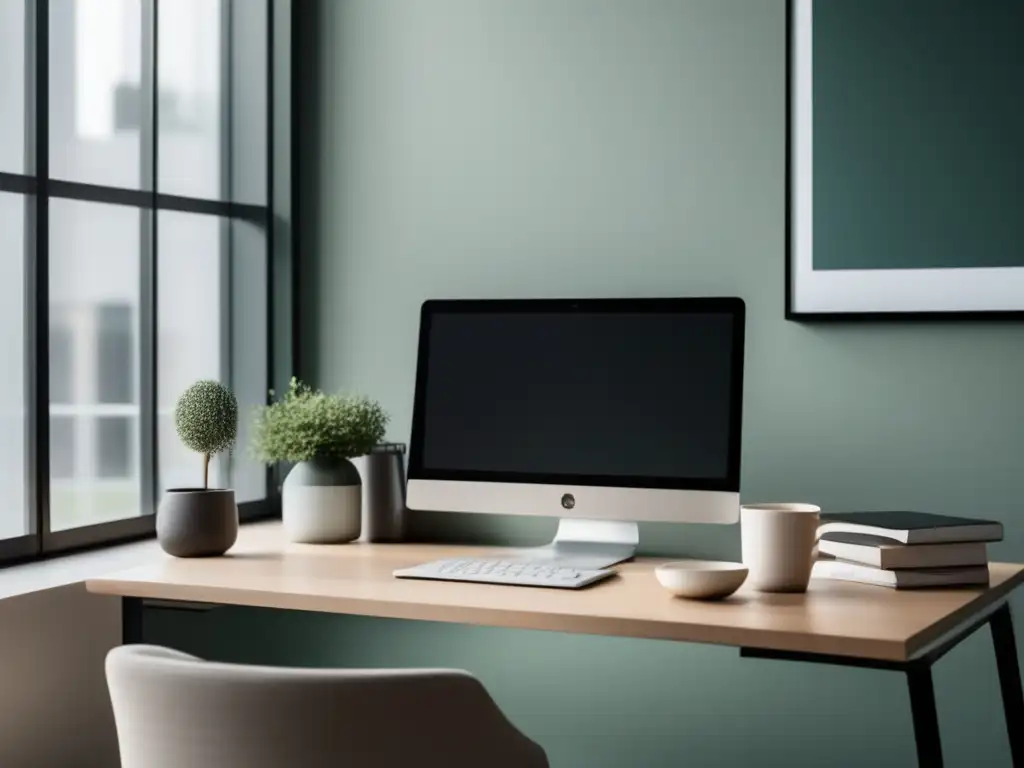 Espacio de oficina moderno y minimalista Oficina moderna y minimalista con escritorio organizado, laptop, café y luz natural