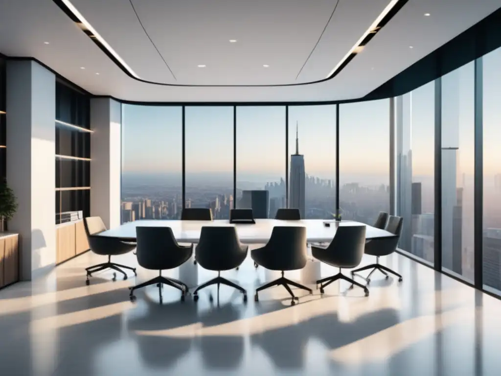 Espacio de oficina moderno y minimalista Oficina moderna y minimalista con mesa de conferencias de mármol blanco rodeada de sillas ergonómicas
