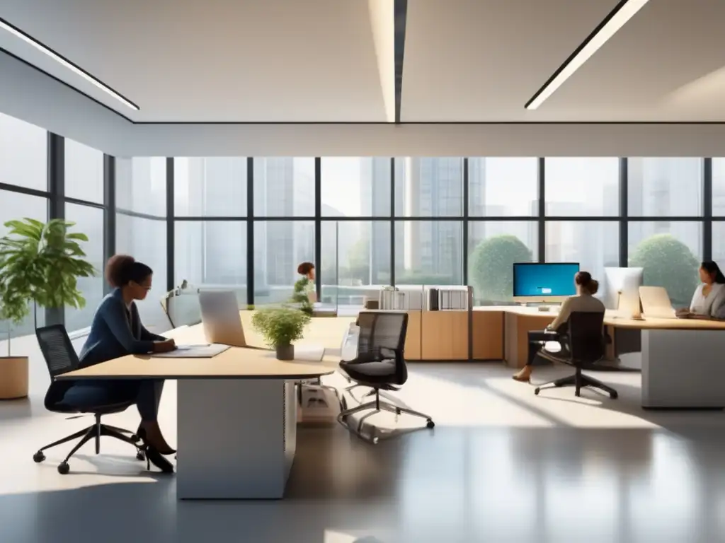 Oficina moderna y minimalista con profesionales trabajando Oficina moderna y minimalista con profesionales trabajando en diversas áreas