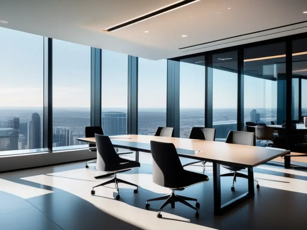 Oficina moderna con diseño minimalista Oficina moderna y minimalista con vista panorámica de la ciudad, muebles elegantes y tecnología avanzada