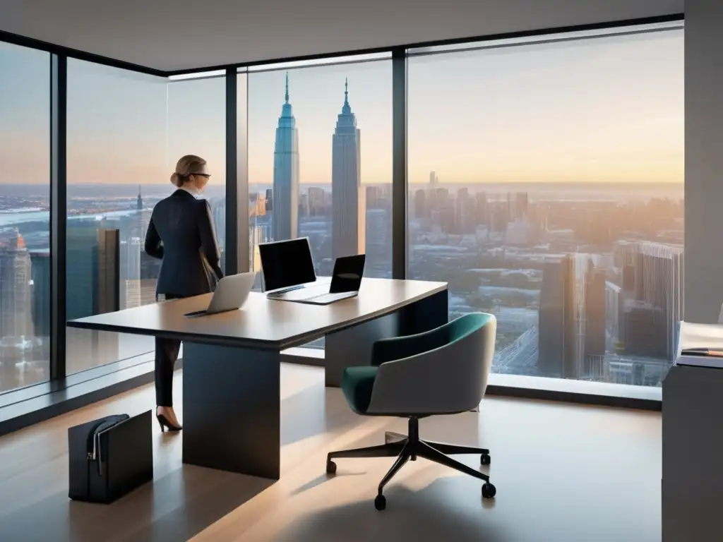 Oficina moderna con tecnología avanzada Oficina moderna con ventana panorámica y asesor de admisiones universitarias utilizando tecnología avanzada