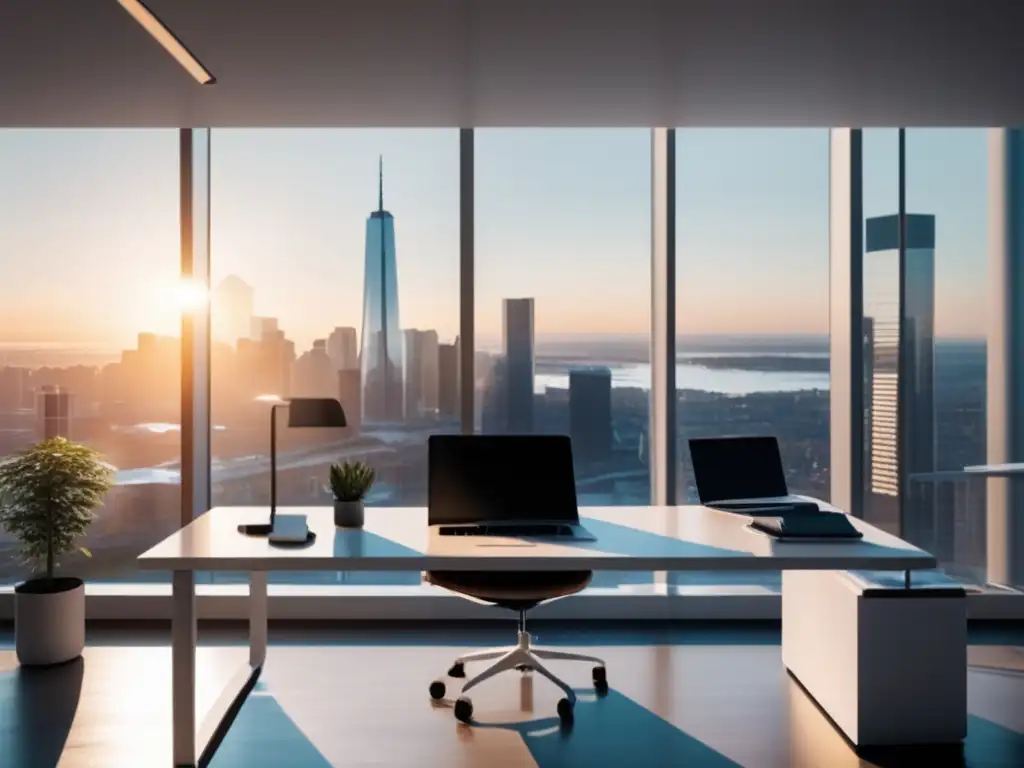 Espacio de oficina moderno con vista a la ciudad Oficina moderna con vista a la ciudad, escritorio blanco, laptop, libros, planta y ambiente profesional