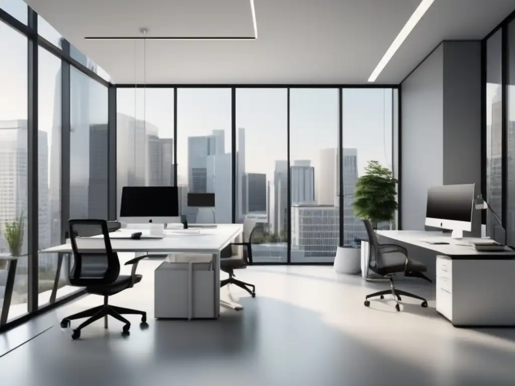 Oficina moderna y minimalista Oficina moderna con vista panorámica y escritorio ergonómico - Importancia de la asesoría universitaria