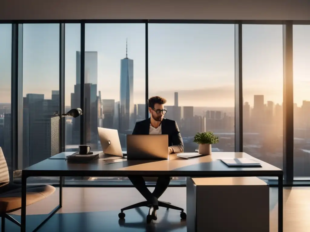 Oficina moderna con vista panorámica a la ciudad Oficina moderna con vista panorámica a la ciudad y ventajas de las prácticas profesionales en admisiones universitarias