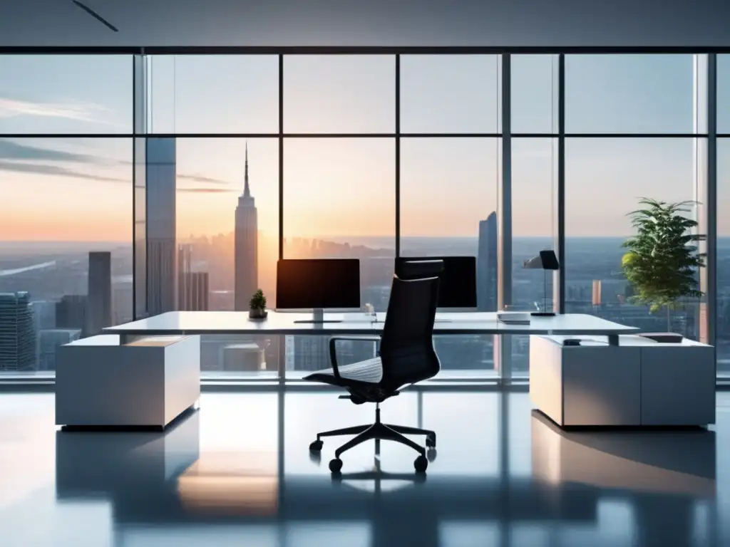 Oficina minimalista con vista panorámica y ambiente productivo Oficina moderna con vista panorámica de la ciudad