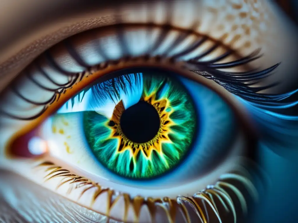 Ojo humano enfoque iris y pupila, colores vibrantes Ojo humano con iris y pupilas enfocadas, resaltando detalles y colores vibrantes