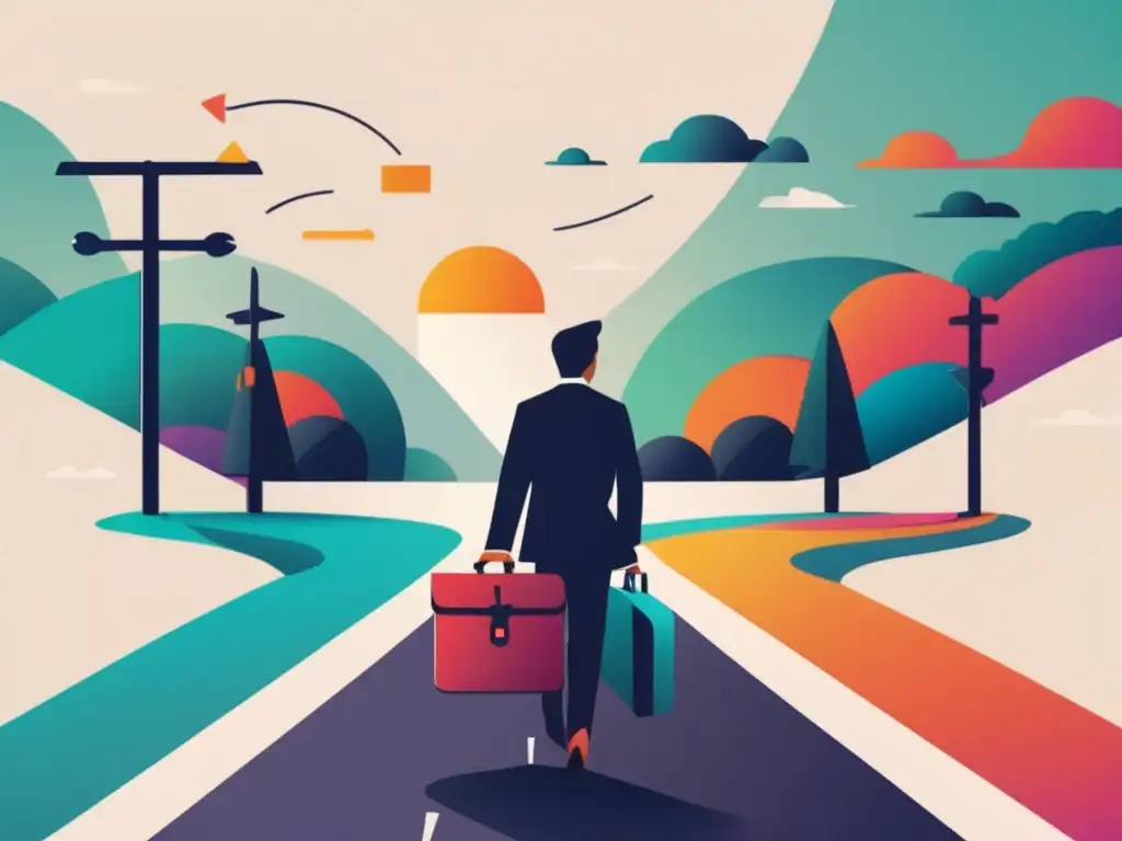 Decisión profesional y pasión Opciones de carreras basadas en pasiones: persona en cruce de caminos, contemplando dos senderos diferentes