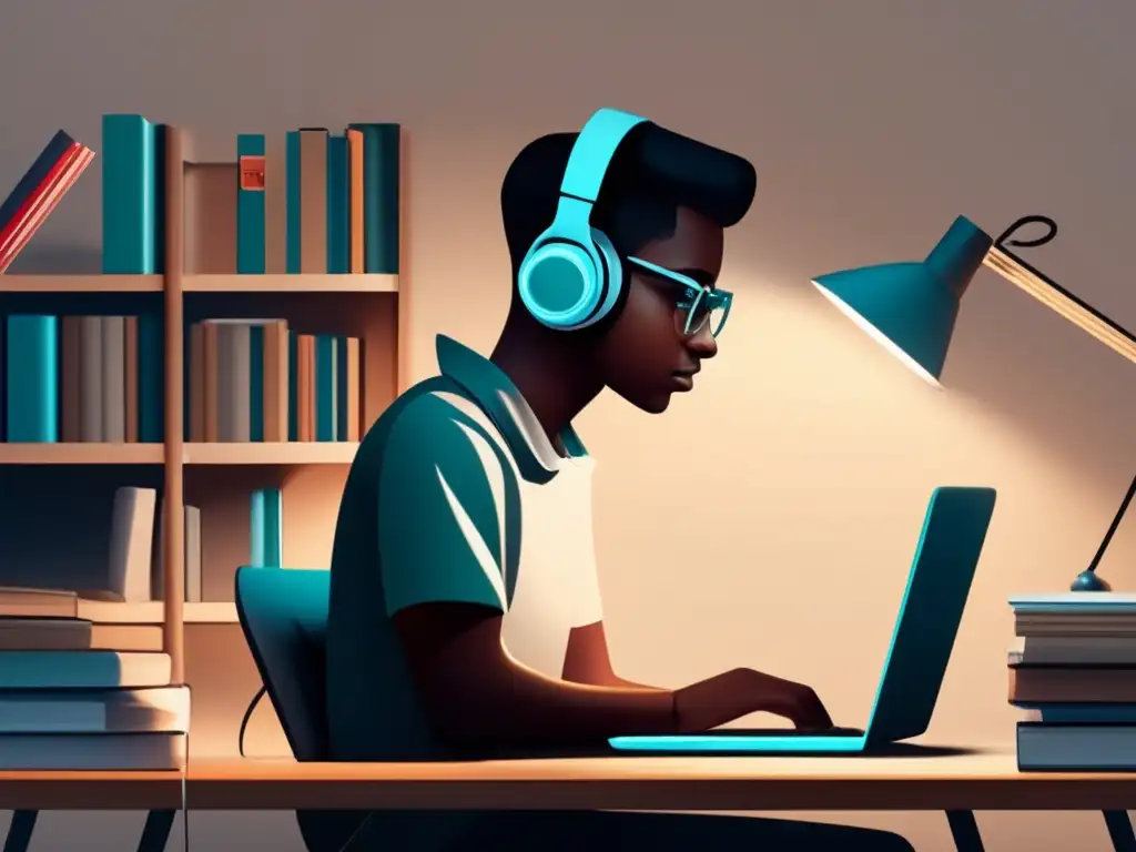Estudiante concentrado en su escritorio Opciones trabajo estudiantes internacionales: estudiante concentrado en escritorio organizado con libros, laptop y auriculares