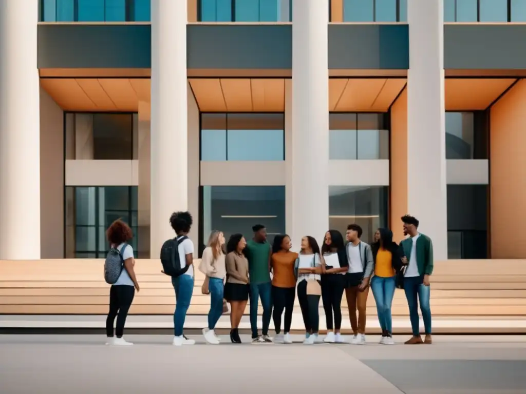Estudiantes diversos frente a universidad Oportunidades de admisión universitaria para grupos subrepresentados: estudiantes diversos se unen frente a un edificio moderno