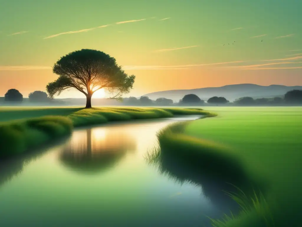 Paisaje sereno y tranquilizador: campo verde, arroyo y árbol solitario Paisaje sereno y tranquilo con campo verde, arroyo, árbol solitario y atardecer