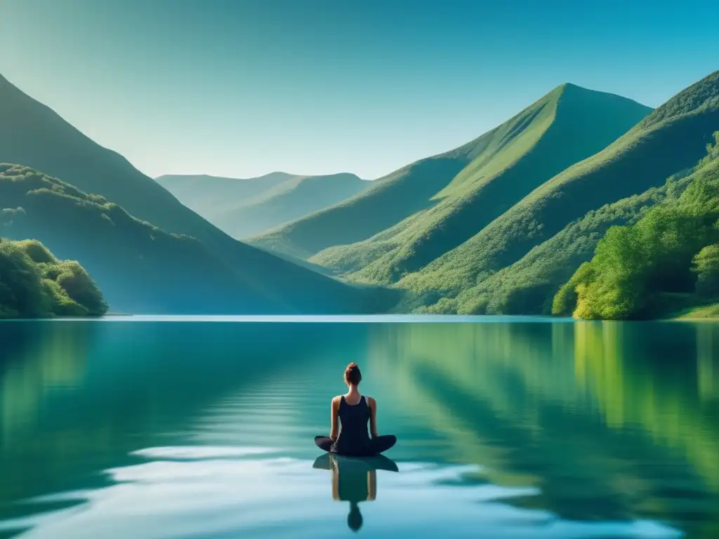 Paisaje sereno de lago y montañas Paisaje tranquilo con lago cristalino rodeado de montañas verdes y figura meditando